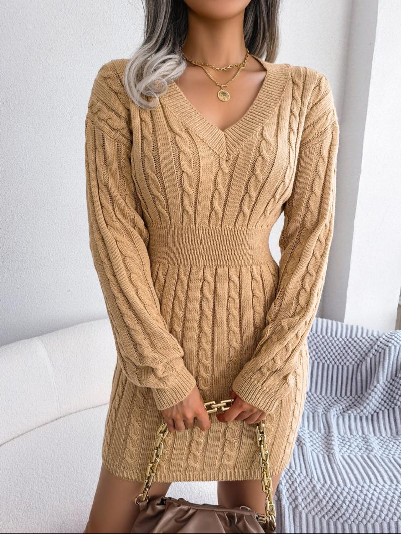 Women's Basic Comfort Solid Textured Drop Shoulder Sweater Dress, Lady's Lady Long Sleeve V Neck Cable Knit Dress, Casual Chic Dress