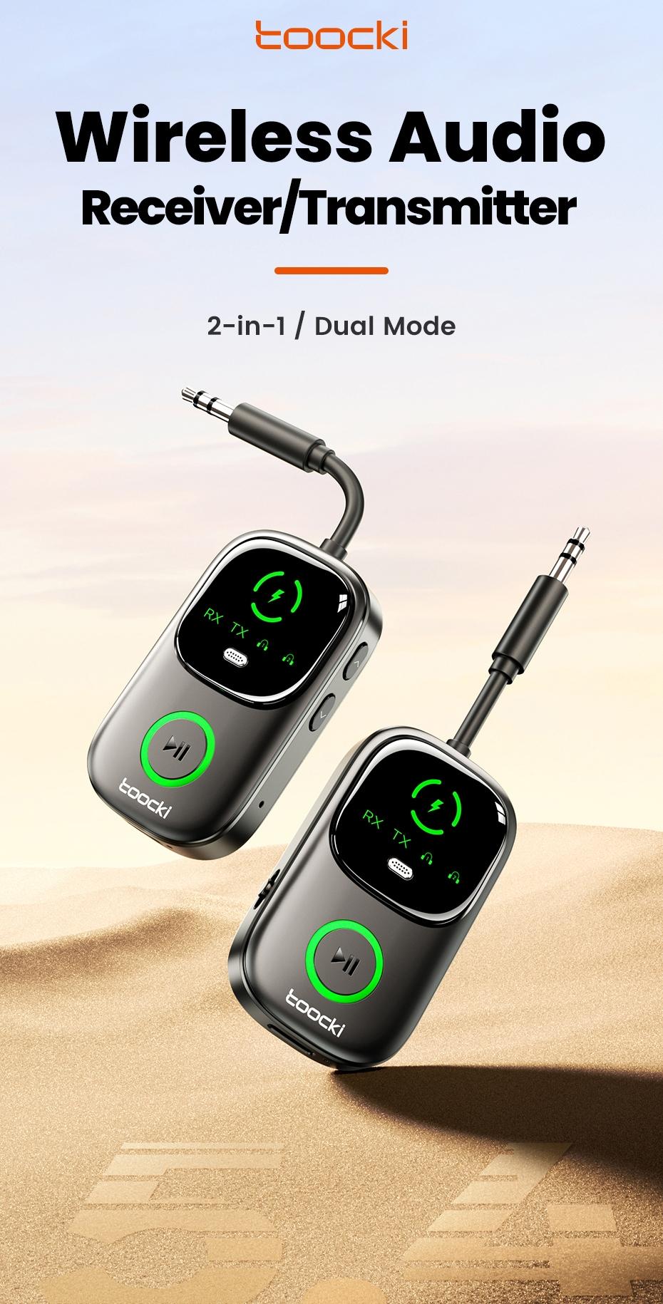 Toocki Bluetooth 5.4 Audio Reciever Transmitter RT/TX 2 In 1 3.5mm AUX Dual Device Adapter for TV Earphones Cars Airplane Car LED Display 3.5mm Jack AUX Bluetooth Dongle