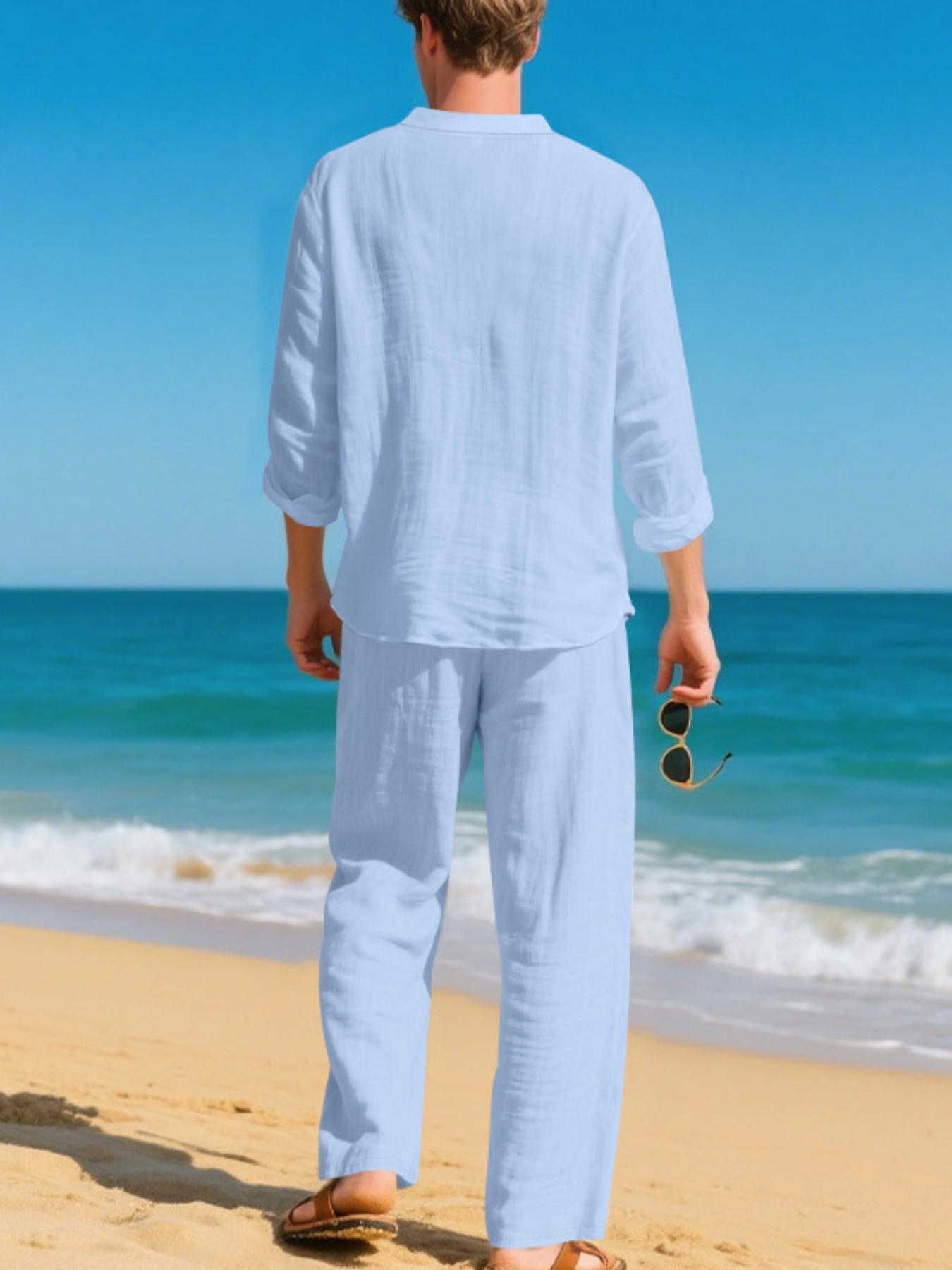 Men's Casual Linen Outfit, Loose-fit Henley Neck Long Sleeve Shirt and Pants, Comfortable and Fashionable Co-ord Set for Tropical Summer, Suitable for Beach, Vacations and Daily Wear Top