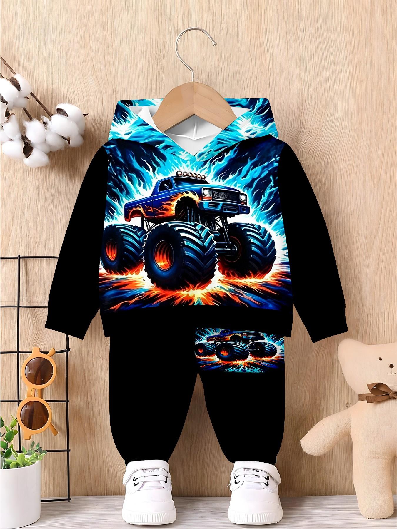 Blue Lightning Monster Truck Print Boys' Hooded Set, Casual Long Sleeve Sweapants, Loose-Fitting Natural Waist, Fall & Winter Clothing