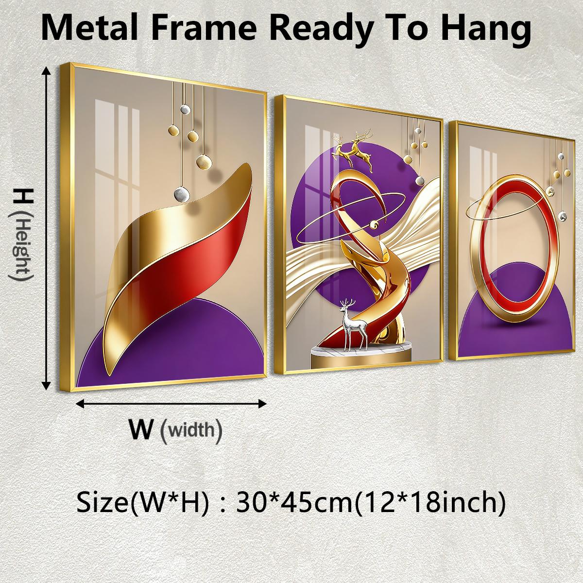 3 Counts Aluminum Alloy Framed Painting, Abstract Golden And Red Geometric Shapes With Deer Pictures, Home Decoration For Living Room, Bedroom, Office, Restaurant, Hallway Wall Decor, Odorless Print Artwork, Luxury Perfect Gift For Friends And Family