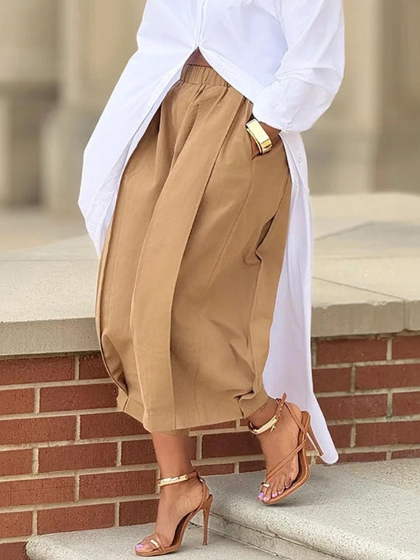 Women's Plus-Size Front‑Pleated Design Cropped Pants, Vertical Pleat Loose Fit Elastic Waist Culottes, Casual Daily Wear, Baggy