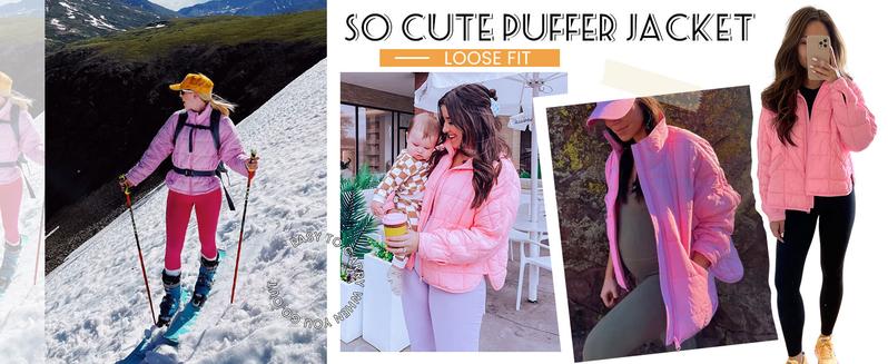 Naeduo Women's Oversized Quilted Lightweight Puffer Jacket Casual Padded Coat Long Sleeve Collared Khaki Outerwear Basic Everyday Wear