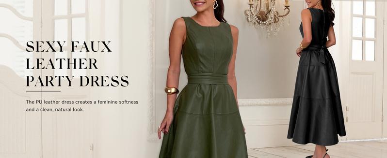CHARTOU Women's Summer and Autumn Sleeveless PU Faux Leather Dress Elegant Flowing Maxi Dress with Belt