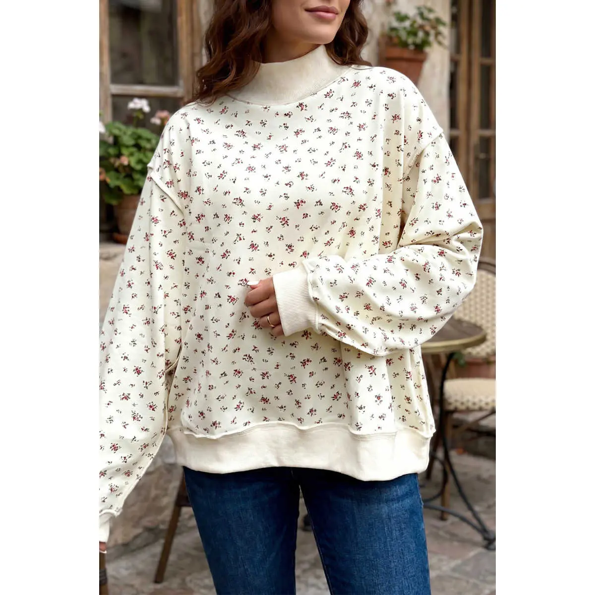 Beige Ribbed High Neck Patchwork Floral Print Baggy Pullover Sweatshirt Beige Ribbed High Neck Patchwork Floral Print Baggy Pullover Sweatshirt