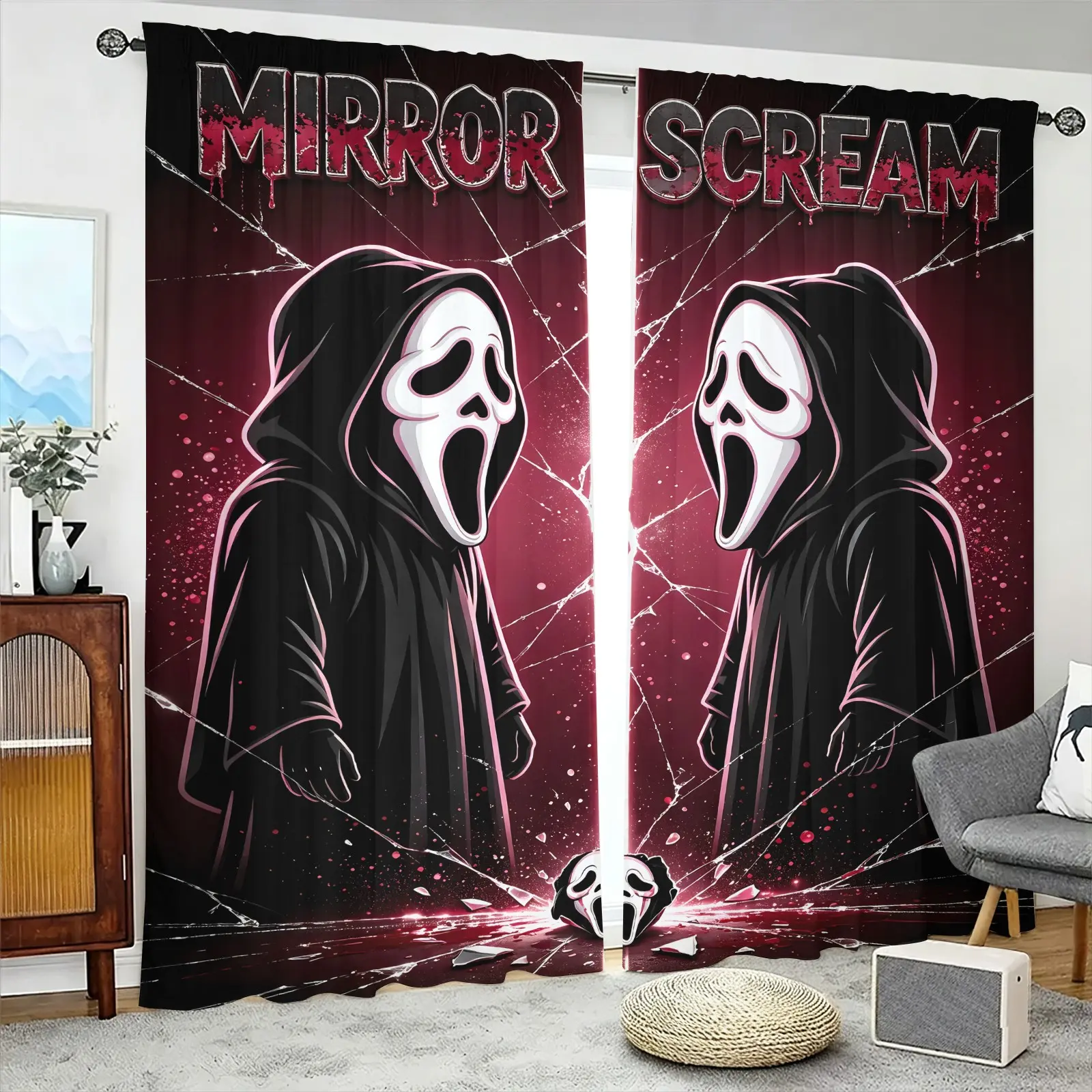 Mirror Shattered Left and Right Mirror Reflection Composition Ghostface Print Curtains, 2 Panels Rod Pocket No Drilling Installation, Privacy Soundproofing Drapes, Halloween/Horror Movie Fans Room Decor