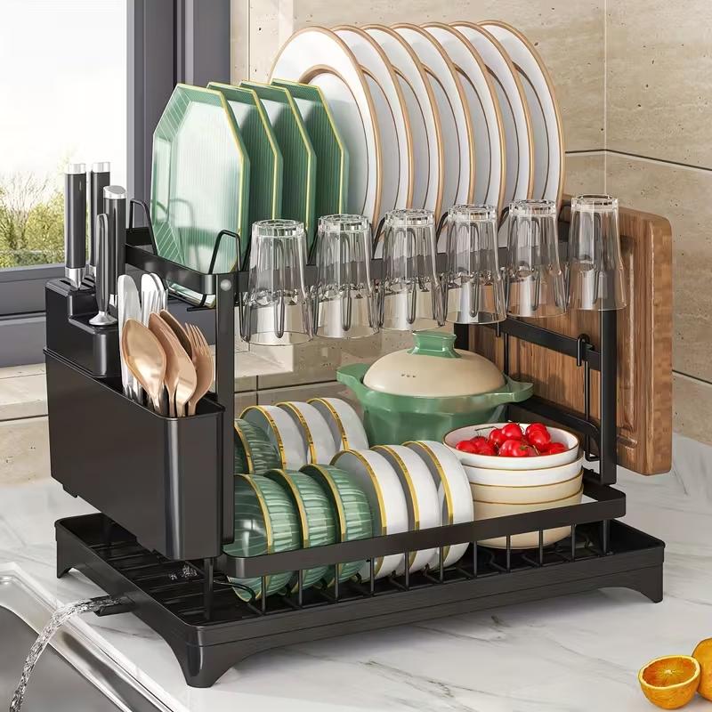 Two-layer drain rack, with adjustable dish rack, cutlery cup storage space, compact space-saving design, kitchen countertop finishing artifact, rugged storage solution