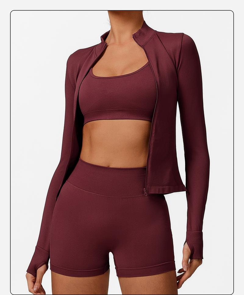 MFVIM 3-Piece Women's Sportswear Set - Solid Color Cross Short Top High-Waisted Leggings Zip Jacket Ultra-Comfortable Yoga Outfit For Fitness Running Gym Sessions Training Clothes Stretchable Activewear