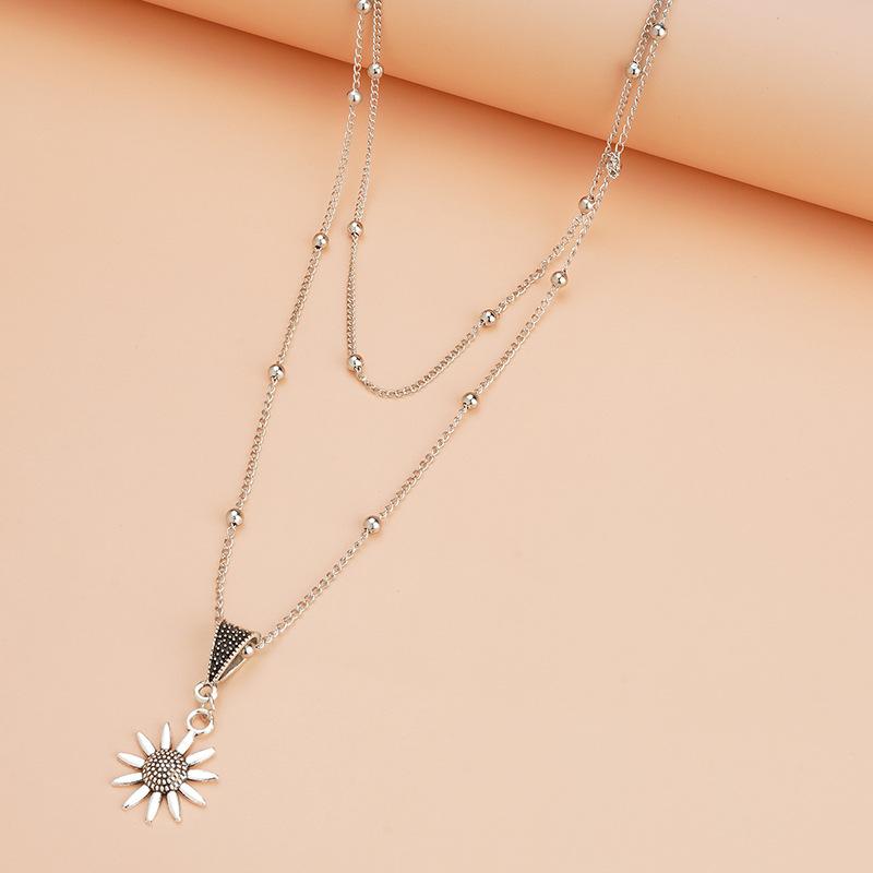 New style necklace - simple and retro sunflower pendant double-layered women's necklace for girls