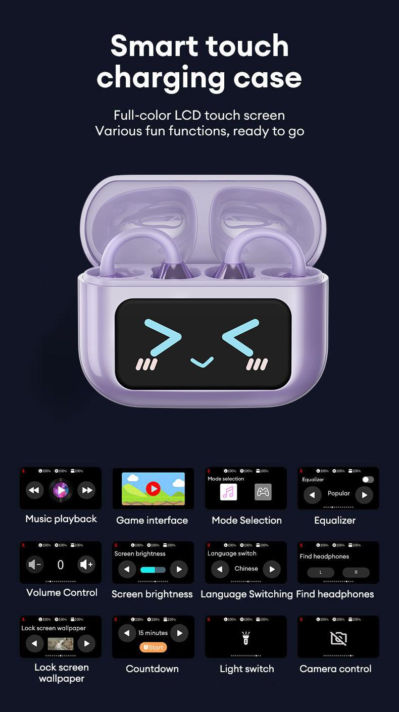 HYUNDAI M100 Clip-On Wireless Ear Headphones with Smart Display, Bluetooth 6.0 Stable Connection, HiFi Sound Earbuds for Music & Phone Calls, Sport Sweatproof Design, Compatible with Android & iOS