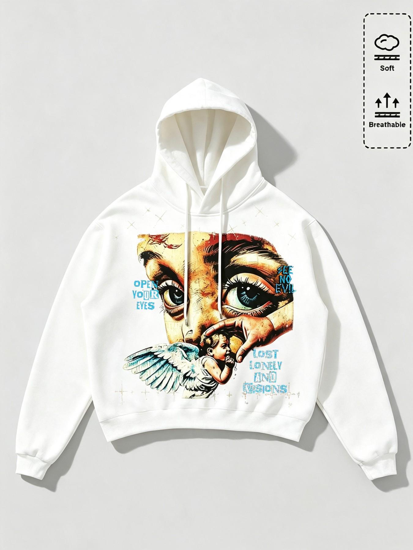 Men's Black Graphic Hooded Sweatshirt | Modern Gothic Angel Art Pattern | Loose Comfort Drop Shoulder Fit | For Gen Z Youth Streetwear Outdoor Casual Wear | Street Fashion Sweatshirt