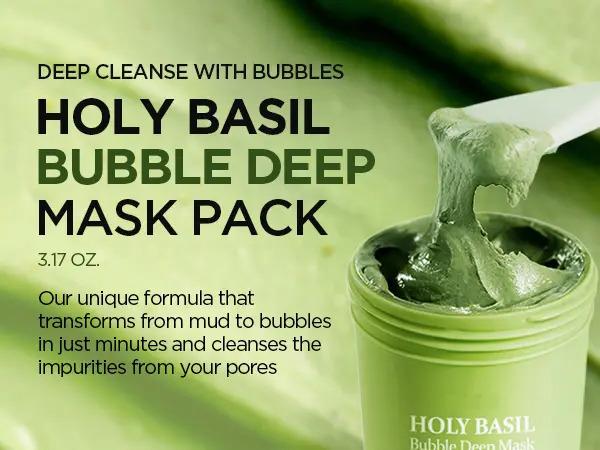 Holy Basil Bubble Deep Mask – Holy Basil & Carbonated Water for Cleansing Pores & Blackheads, Suitable for All Skin Types, Vegan Clay-to-Bubble Wash-Off Mask (90g / 3.17 oz)