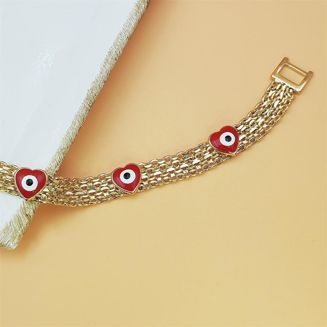 Women's Exquisite Trendy Boho Evil Eye Layered Bracelet - Gold-Tone Copper with Red Beads & Plastic Accents, Adjustable Size, Stainless Steel, Layered Look, Trendy Festival Gift, Bohemian Fashion Accessory Sets