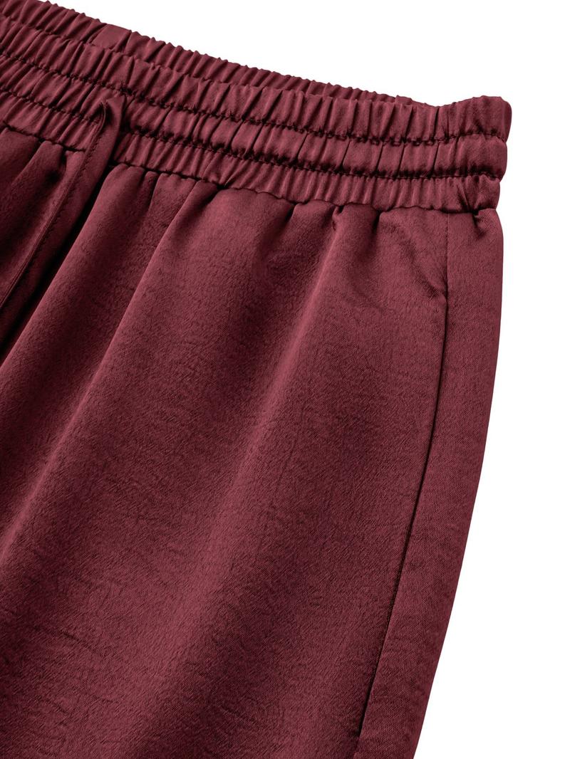 Women's Glitter Satin Wide Leg Pants, Casual Loose Fit Elastic Waist Drawstring Pockets, All Seasons Fashion for Home Vacation Party