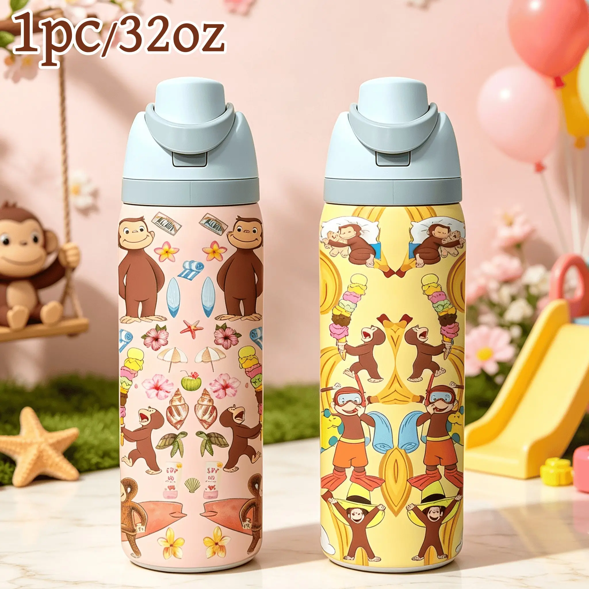 1pc 32oz Curious George Monkey Insulated cup,Stainless Steel Vacuum Insulated Water Tumbler With Flip Handle Lid Cute Cartoon Cup For Children Outdoor Camping, Lovely Gift For Children Outdoor School Daily Use
