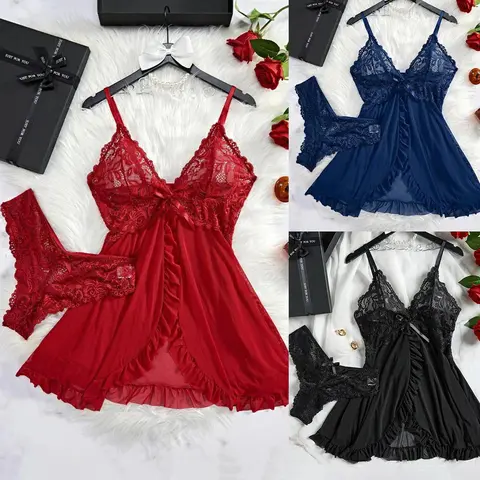 Women Nightdress Sexy Lace Chemise Bow Nightgown Sleepwear Mini Dress Plus Size Deep V Babydoll Lingerie Sexi Sleepdress Nighty