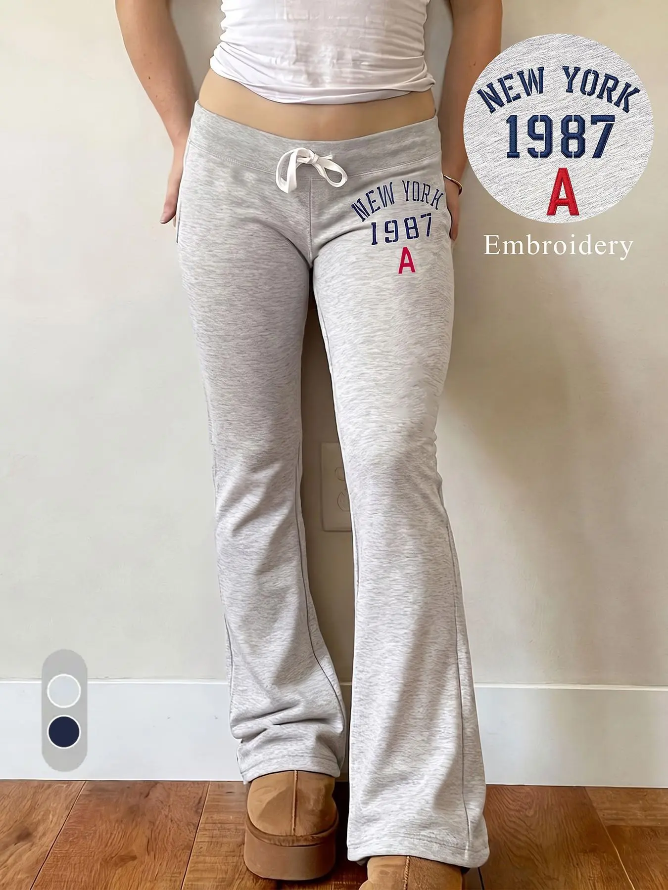 Women Heather Jersey Drawstring Low Rise Y2K Streetwear Loungewear Athleisure New York 1987 Letter Embroidery Flared Sweatpants Stretchy Slim Fit Retro Bootcut Trousers Daily Casual Gym Outdoor Vintage Aesthetic Trendy Preppy Hip Hop Elastic Waist Outfits