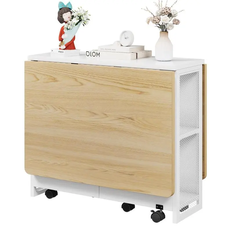 GARVEE White Foldable Rectangle Portable Dining Table - Compact, Space-Saving, Collapsible, Expandable, 6-Wheel, 2-Layer Storage Shelf for Dining, Kitchen Rooms, Portable Table