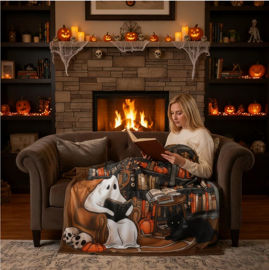 Clearance Sale Halloween Cute Ghost Throw Blanket with Bookshef Design Soft Cozy Blanket for Fall Reading Nook Autumn Winter Decor for Couch Sofa Bedroom Office Home Spooky Blanket Boo Basket Gift for Women Men Wife Book Lovers Outdoor Halloween Decor