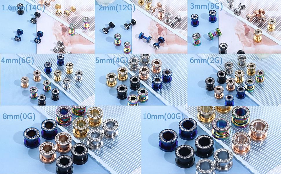 6Pairs 00Gauges Ear Tunnel Expander Earrings Stainless Steel With Ziecon 0G Ear Plugs Earrings 2G Ear Stretcher Piercings Jewelry 14G-00G Double Flared Screw Fit Ear Gauges Set