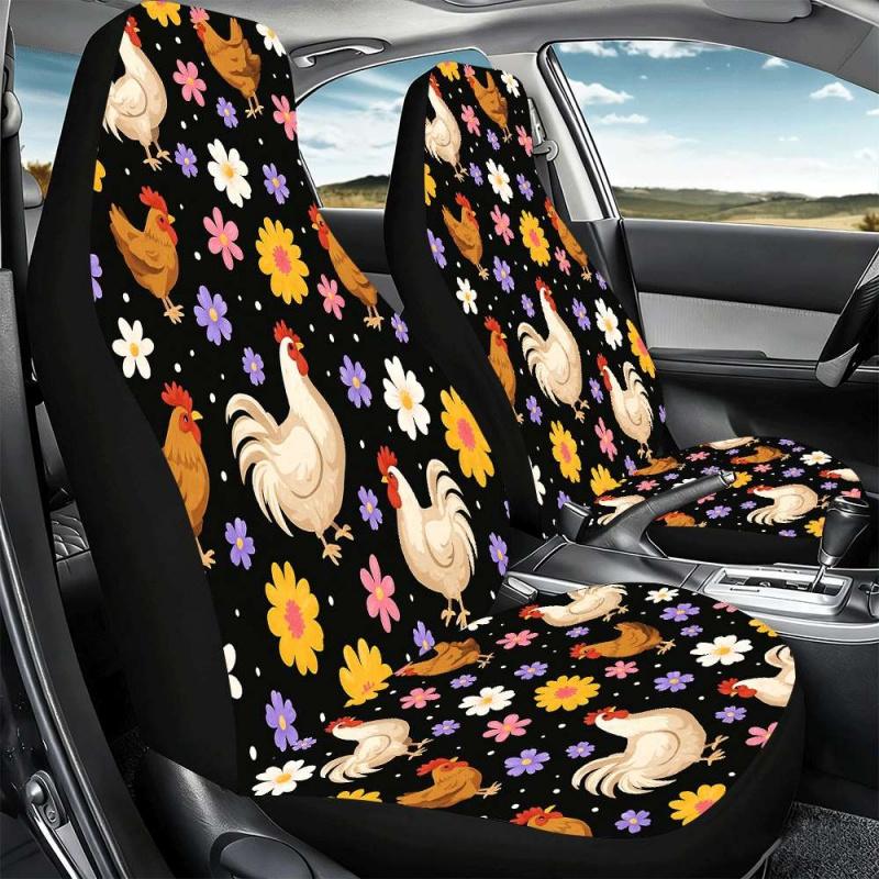 Two-piece colorful little chicken flower car seat covers, suitable for the front seats, with a high backrest design, high-quality fabric, compatible with sedans, SUVs and trucks, women's car accessories, Christmas Eve horror.