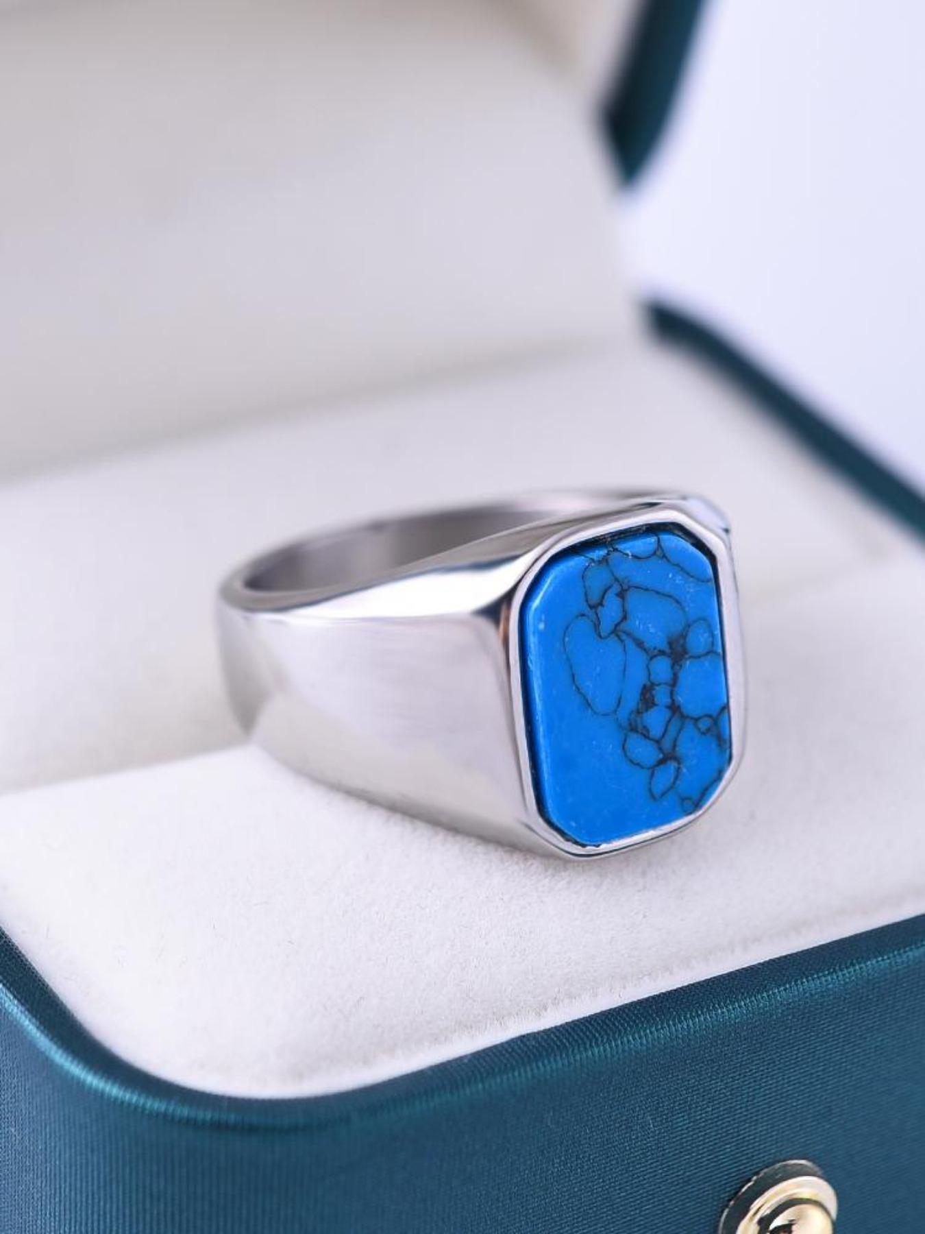 Vintage Turquoise Men's Stainless Steel Ring, Natural Agate Vein, Unique Gemstone Accessory