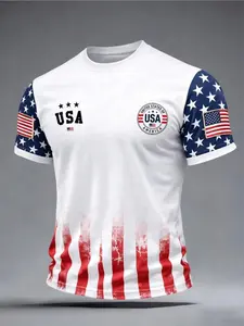 Men's Us 250th Anniversary 3D Aesthetic T-Shirt, American Flag Badge Print, Vintage Raglan Sleeve, Casual Fitted Short Sleeve Streetwear T-Shirt for All Seasons