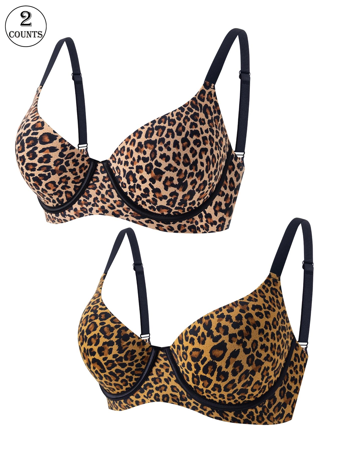 2 Piece Women's Leopard Print Push-Up Bra – Underwire with Non-Removable Padding, Thin Adjustable Straps – Multi-Tone Leopard Patterns – Suitable for Daily/Date/Commute & More Scenarios