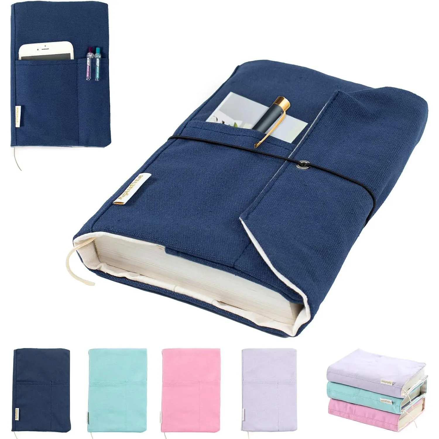 Canvas Book Covers, Washable Book Protector, Book Cover for Paperback Novels, Adjustable Book Cover for Hardcover with Pockets for Pen, Soft Cover Books, Book Lovers Gifts