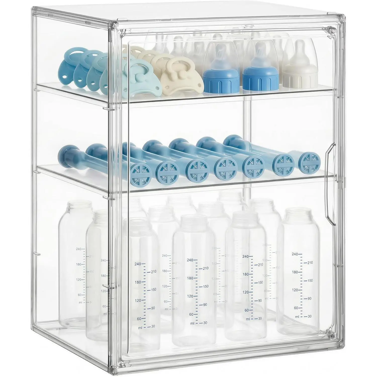 Baby Bottle Storage Organizer for Countertop Cabinet, 3 Tiers Adjustable Clear Acrylic Bottles Storage Station Case Box Container with 2 Removable Dividers and Magnetic Door, Large