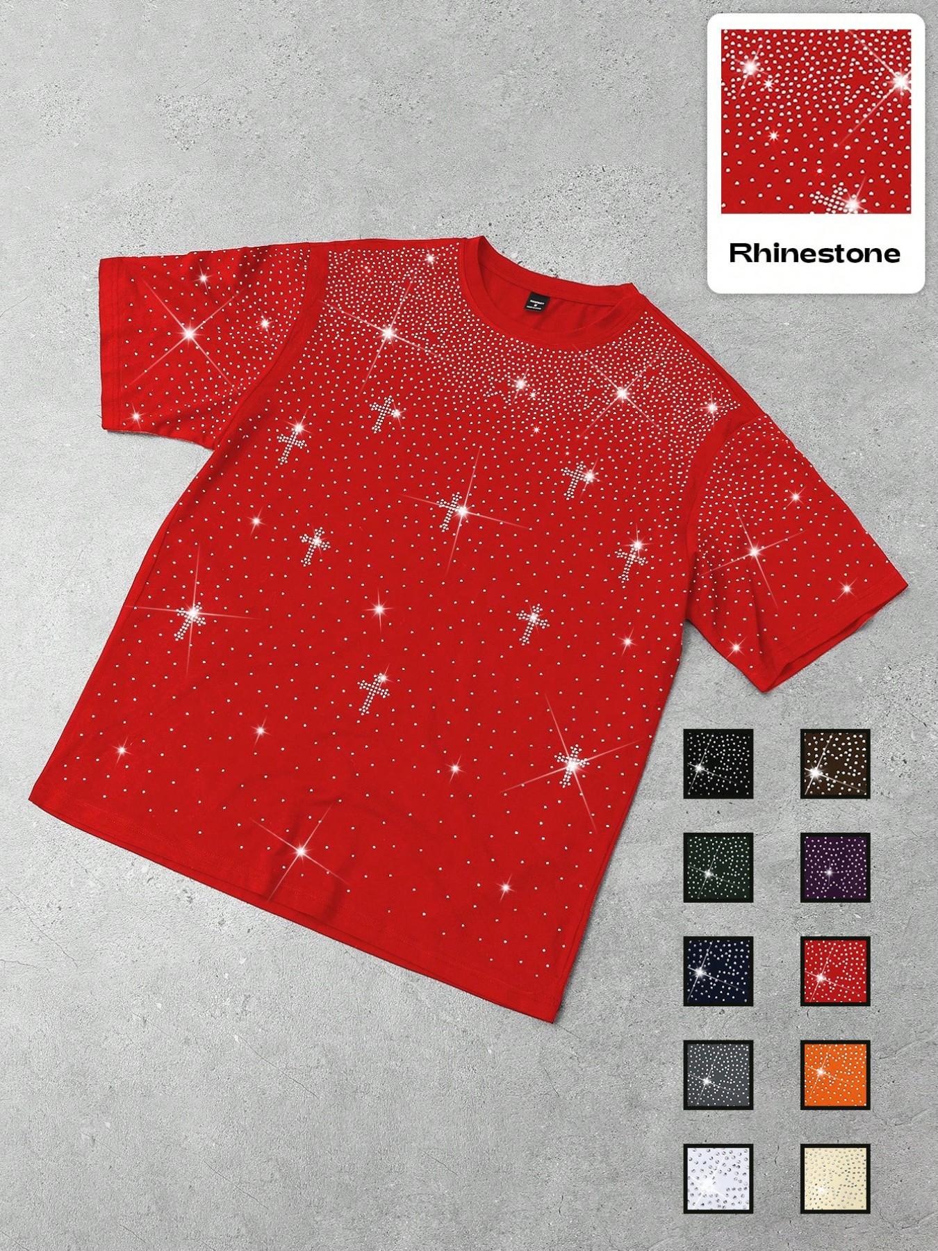 Men's Gothic Cross Rhinestone Embellished T-Shirt | Lightweight Breathable Polyester, Black Base with Sparkling Rhinestone Star & Cross Print, Oversized Fit, Y2K Streetwear Casual Tee, Ideal for Party, Night Out, Urban Street Style & Edgy Looks