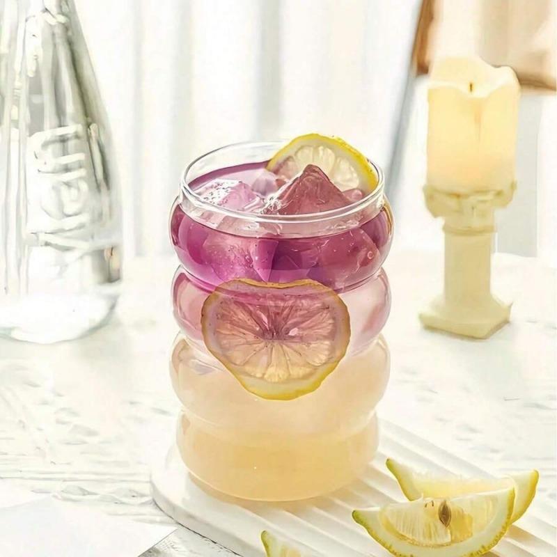 9 Piece Premium Clear Wavy Ripple Glass Tumbler Set Heat Safe Borosilicate Glasses Matching Glass Straw And Cleaning Brush, Drinkware