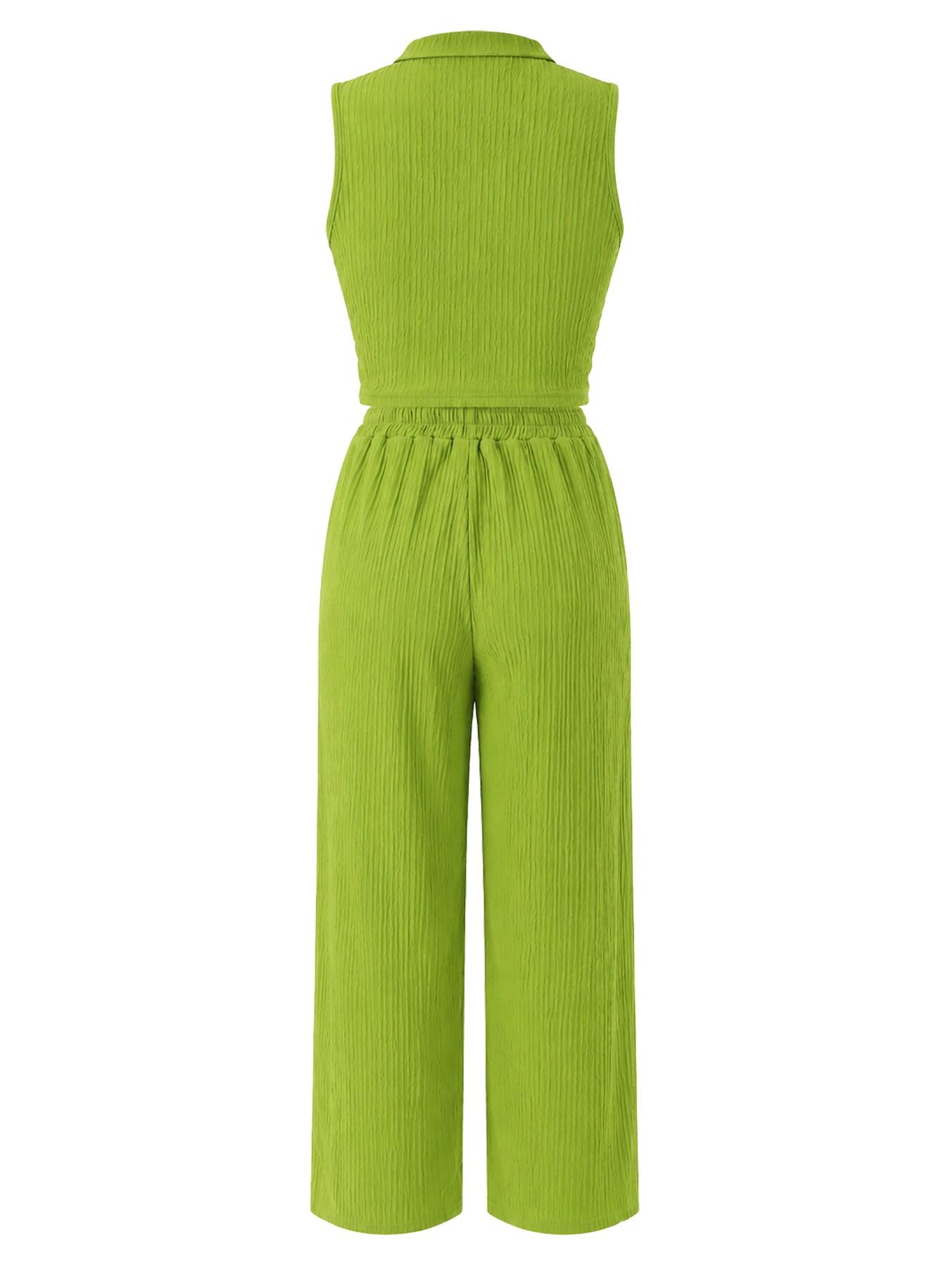 Women's Summer Two-Piece Set Lightweight High-Waisted Casual Chic Long Pants + Zipper Short Sleeveless Tank Top, Streetwear Vacation Style, Casual Outfit Set