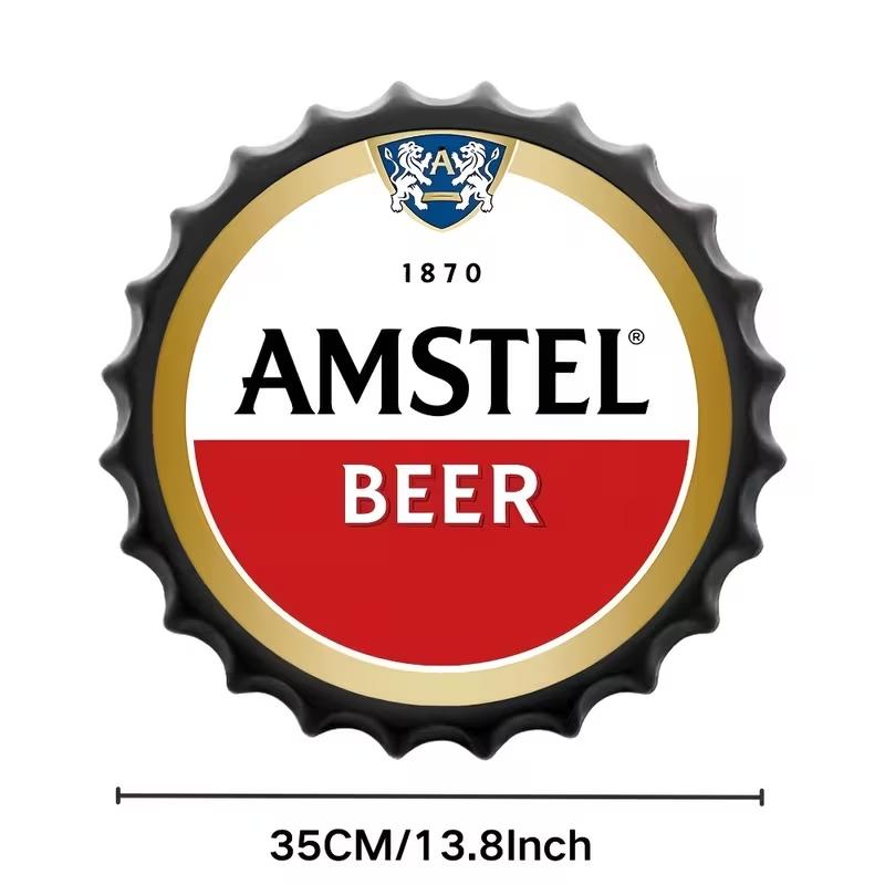 Vintage Beer Bottle Cap Metal Wall Art - 13.8" Round Tin Sign with Black Frame, Perfect for Bar, Pub, or Cafe Decor, Perfect for Room Decor