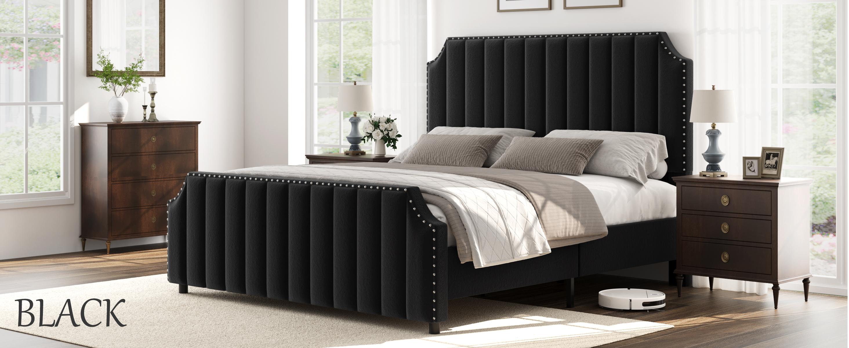 Queen Size Platform Bed Frame with 50.2" Headboard, Velvet Upholstered Bed Frame Queen with Vertical Channel Tufted Headboard & Footboard, Nailhead Trim, No Box Spring Needed, Cream