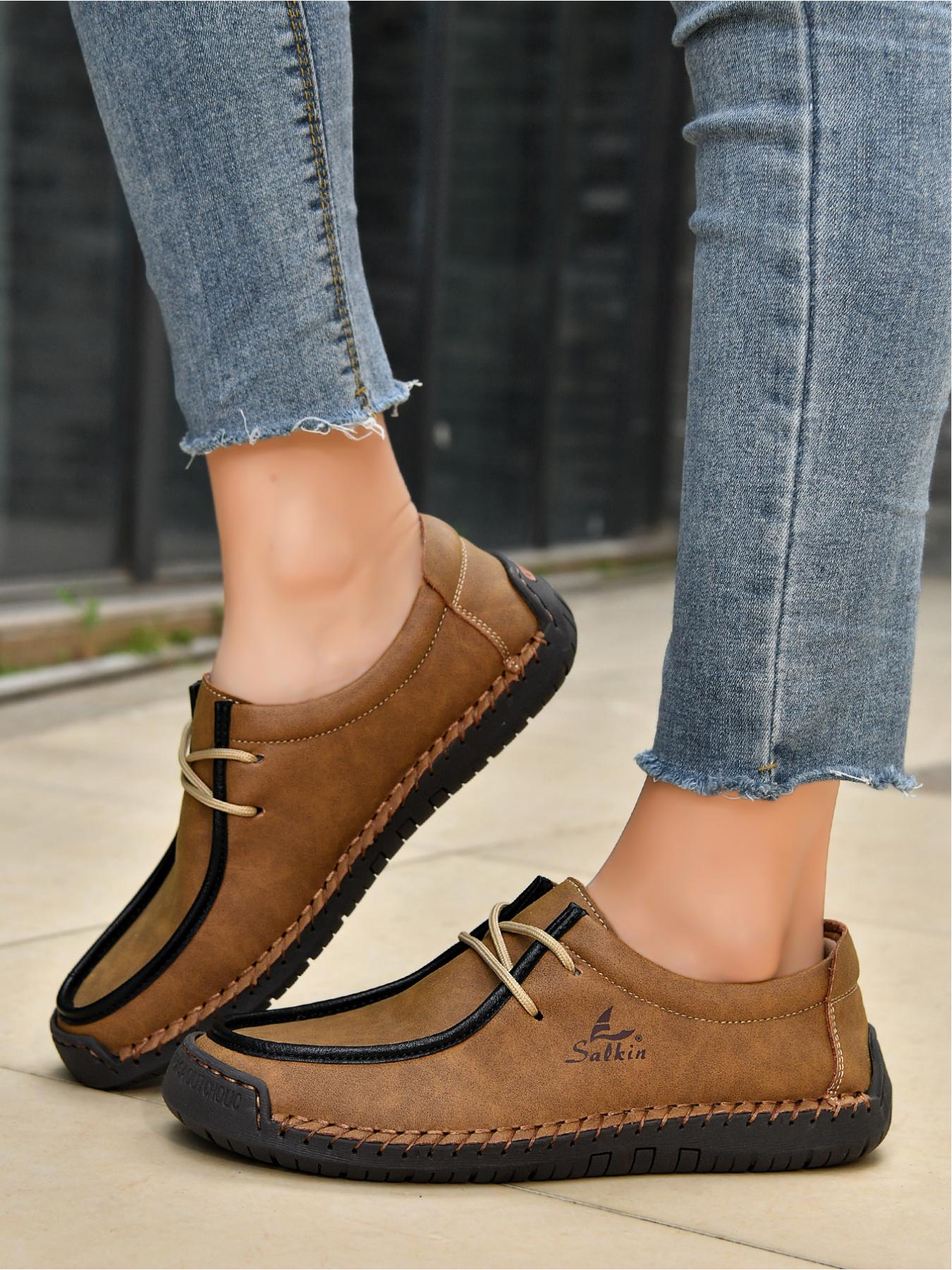 Men's Black Hand-Stitched Casual Shoes, Soft Sole Non-Slip Slip-On Driving Shoes, Dad Shoes