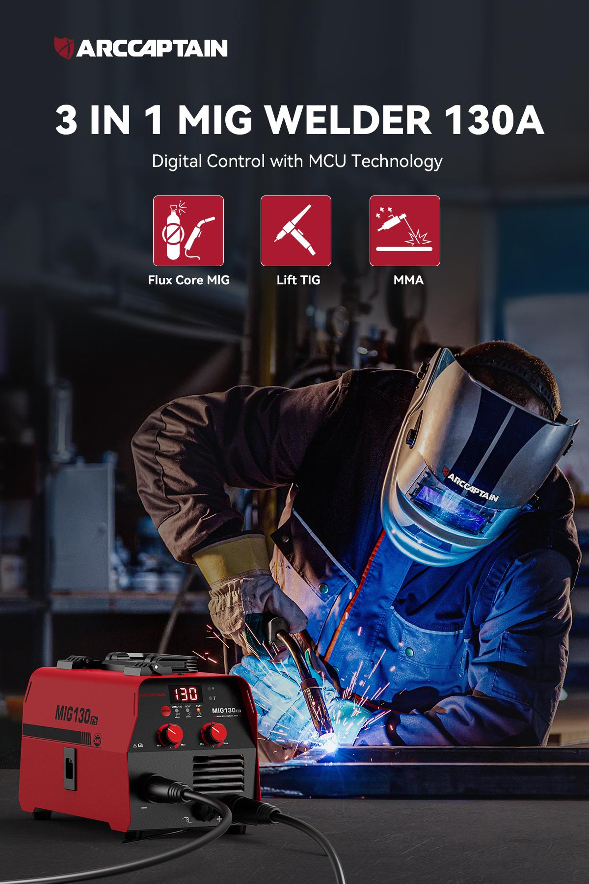 ARCCAPTAIN 135Amp 110V Flux Core MIG Welder, MIG130 Fit Gasless MIG/Lift TIG/Stick 3-in-1 Welding Machine, Digital Display DC IGBT Synergic Control Portable welder machine 110V