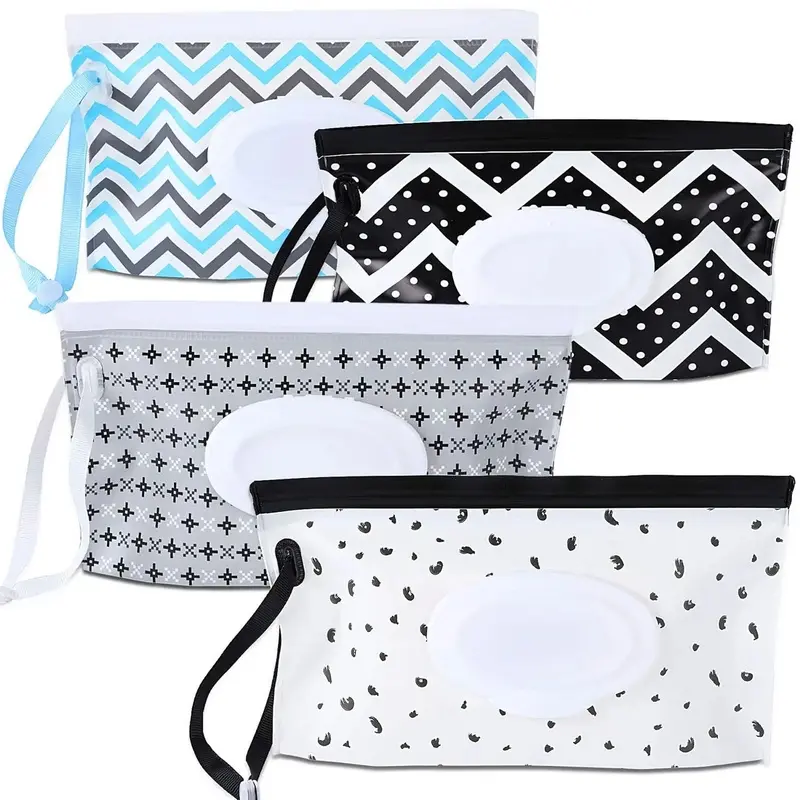 4 Pack Wipe Dispenser, Portable Refillable Wipe Holder, Wipes Container, Wipe Dispenser, Travel Wet Wipe Pouch (Geometric)