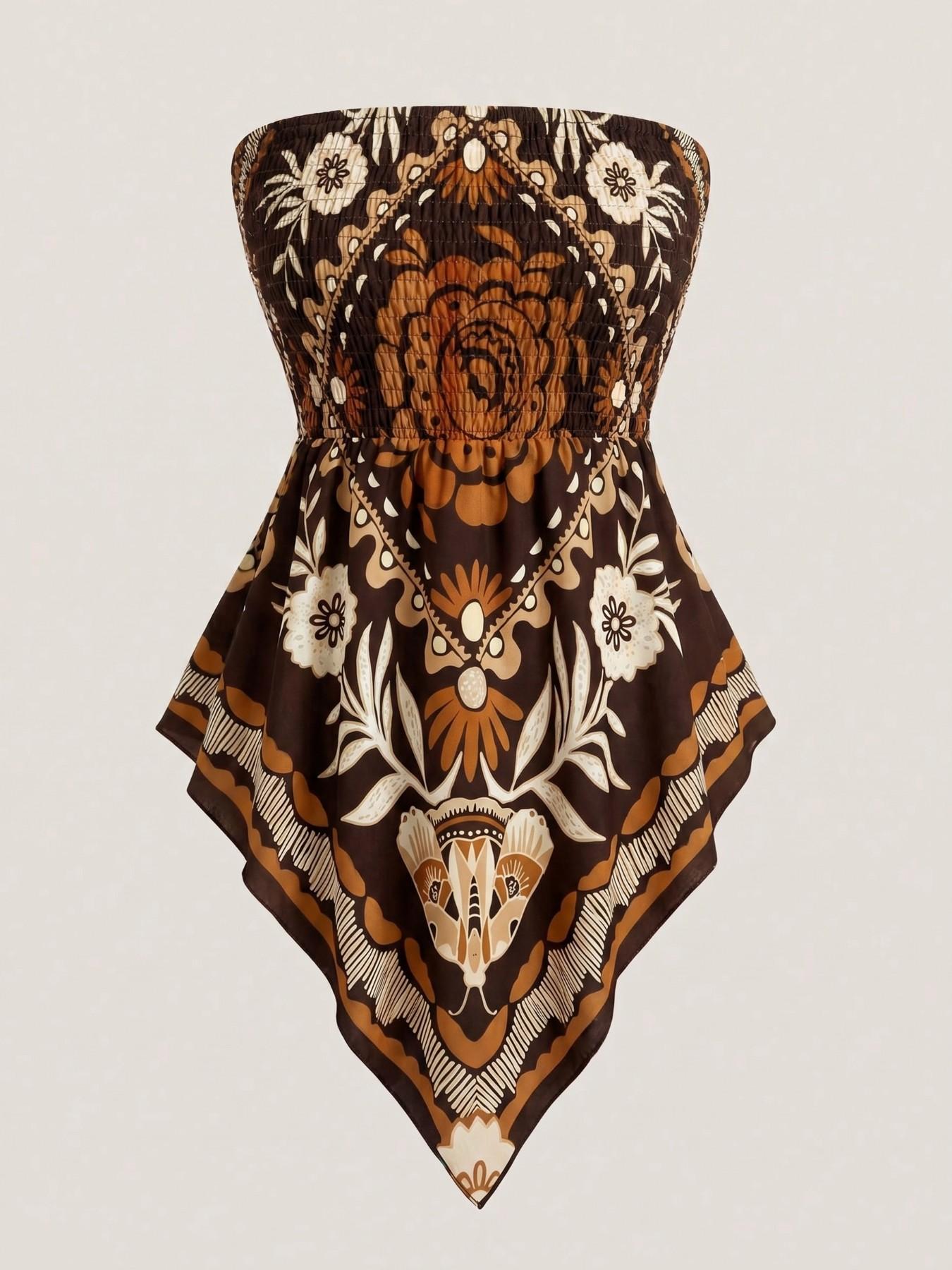 Plus Size Women's Ethnic Print Strapless Top, Bohemian Style Asymmetrical Hem Tube Top, Casual Summer Fashion Top
