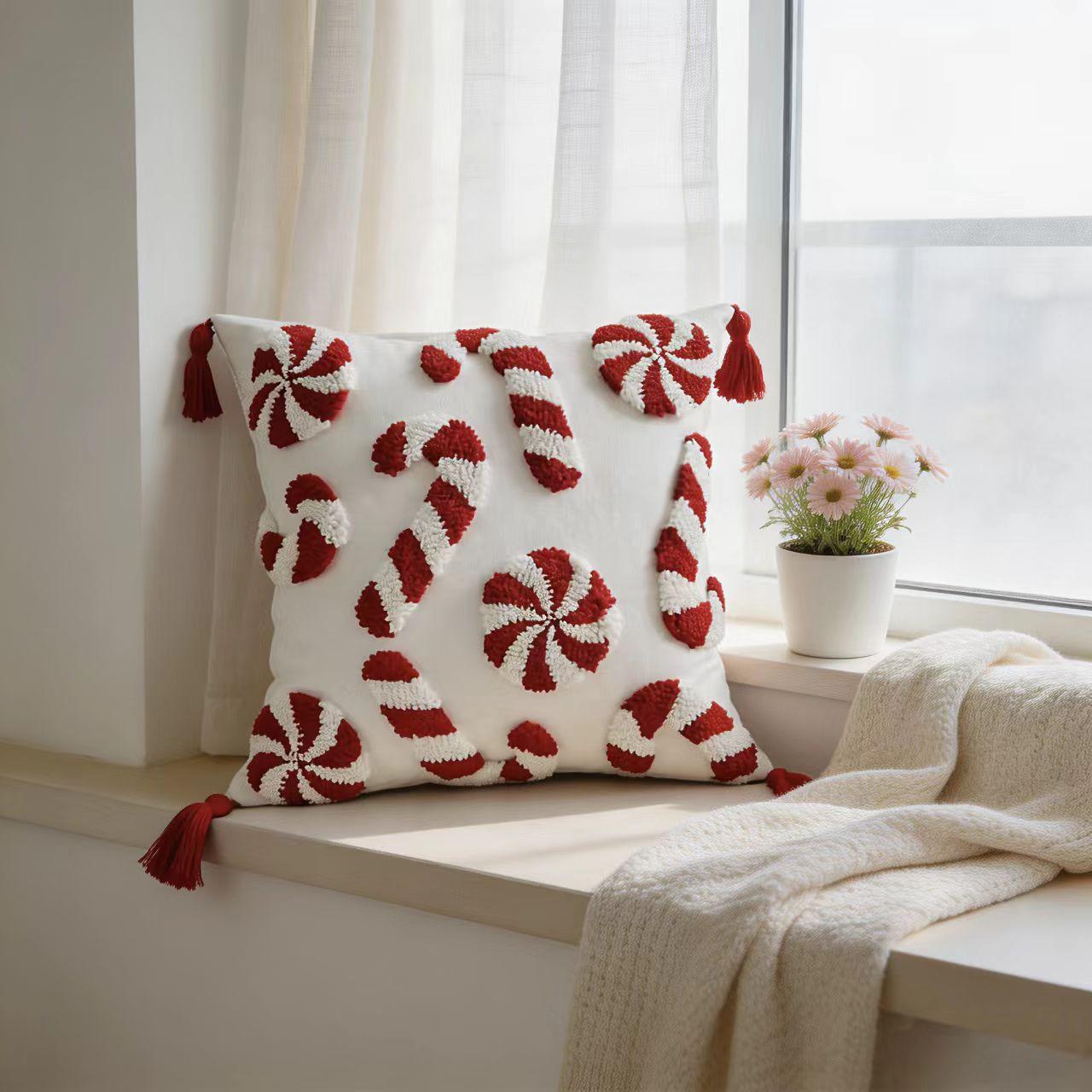 1 Christmas pillow cover, 17.7x17.7 inches, candy cane design, zipper seal, modern canvas decorative cushion cover suitable for living room, bedroom, study,-excluding inner core, sofa cushion, decorative pillow, beautiful modern cushion cover, living room
