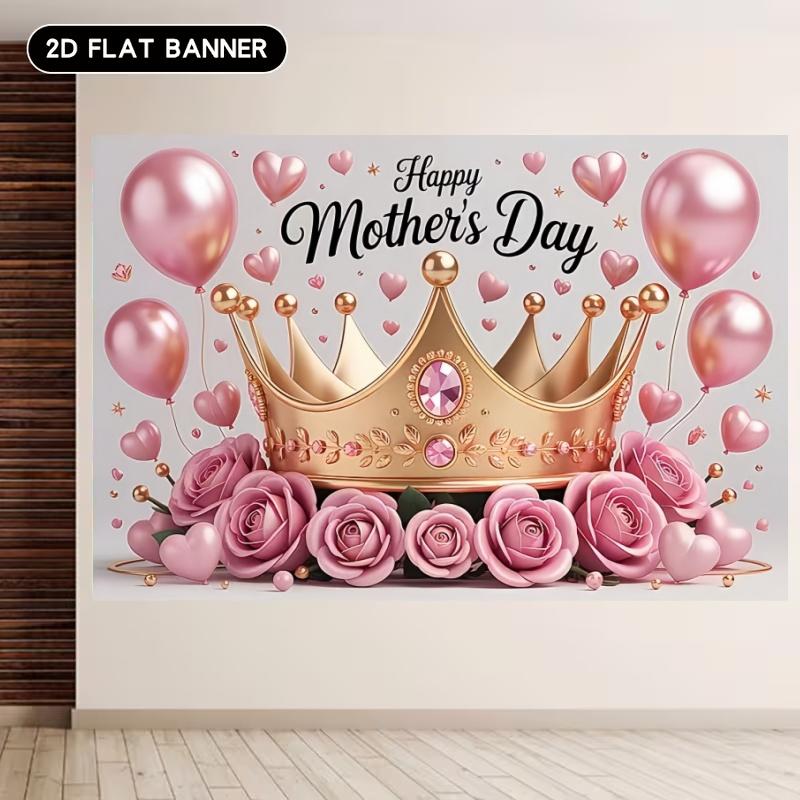 2D flat, "Best Mom Ever" banner, 1 piece Happy Mother's Day photo prop with crown rose background, polyester banner, home room wall decoration, Mother's Day party background decoration, party decoration supplies gifts, 2D flat