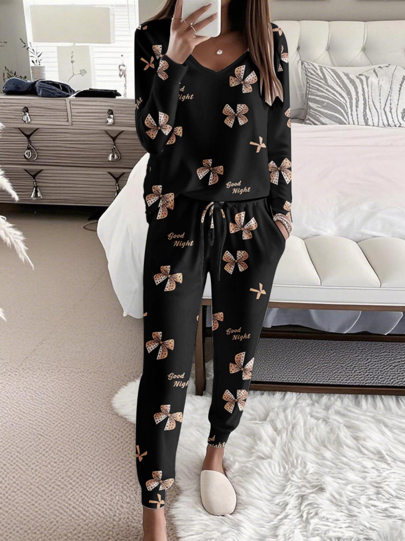 Women's Leopard Print Bow Letter Print Casual Set, Long Sleeve V Neck Top & Tie Waist Pants, Ladies Homewear Sleepwear