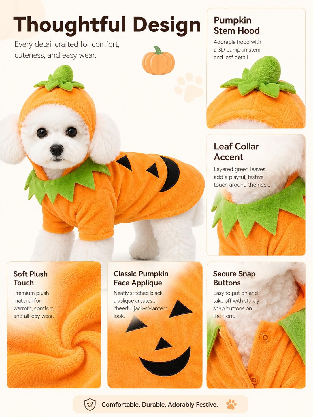 Cute Halloween Pet Pumpkin Costume, Animal Costume, Warm Fall Winter Coat for Dogs Cats, Hooded Cape, Soft Plush, Easy on Off, Festive Photo Prop