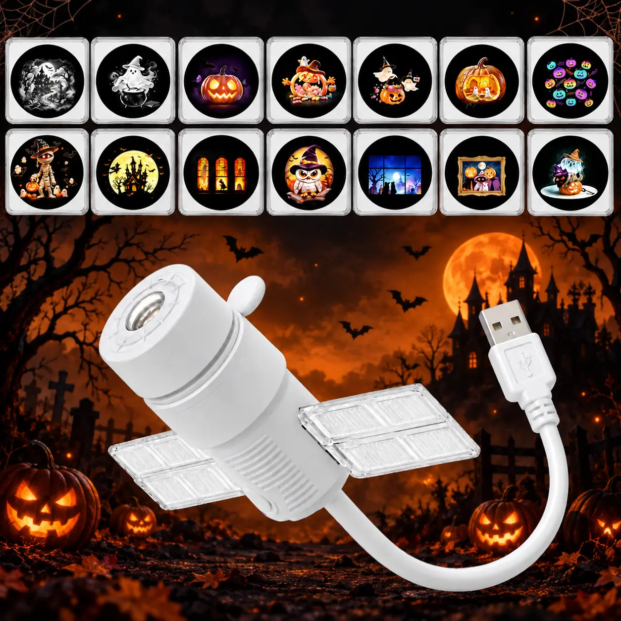 Halloween Projector Night Light, Spooky Projection Lamp with Multiple Halloween Slides, USB Wall & Ceiling Projector Featuring Pumpkin, Ghost, Bat & Mummy Patterns, LED Room Decor Light for Bedroom, Parties & Halloween Gifts