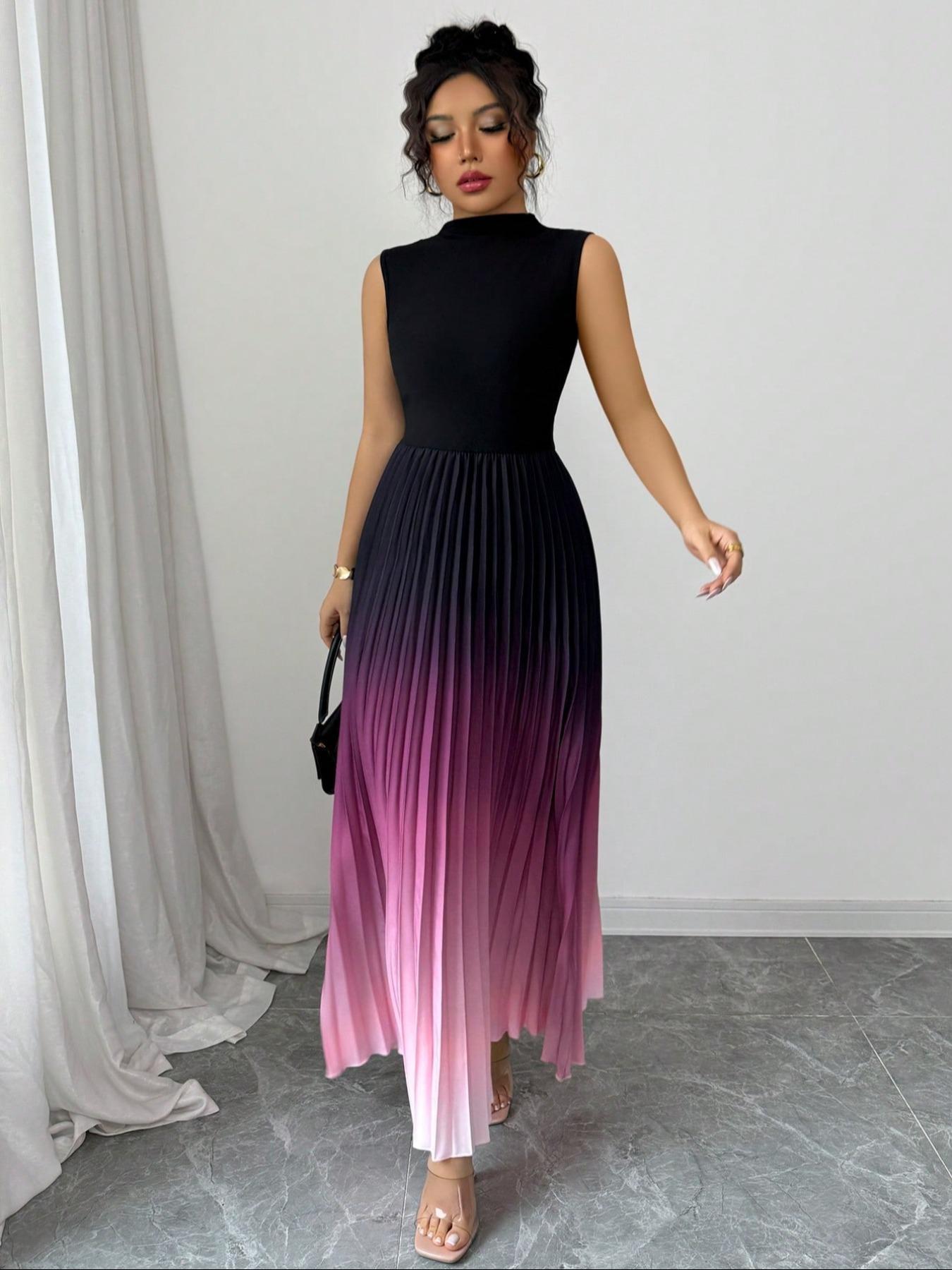 Mock Neck Sleeveless Vest Pleated Ombre Dress, Stylish Women's Casual Wear,  Perfect for Daily Wear, Comfortable and Trendy Design - TikTok Shop