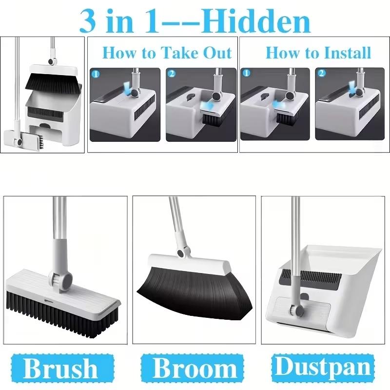 3in 1 Broom and Dustpan Set: Set - Efficient Broom and Dustpan Set and Floor Brush Heavy-duty Long-handled Broom for Indoor and Outdoor Cleaning