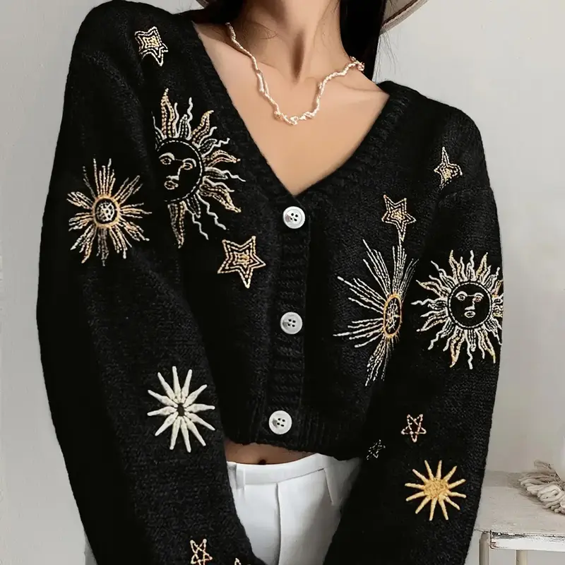 Women's V Neck Single Button Sun Star Embroidery Knit Sweater, Loose-Fitting Long Sleeve Casual Style Cardigan Knitwear for Fall & Winter