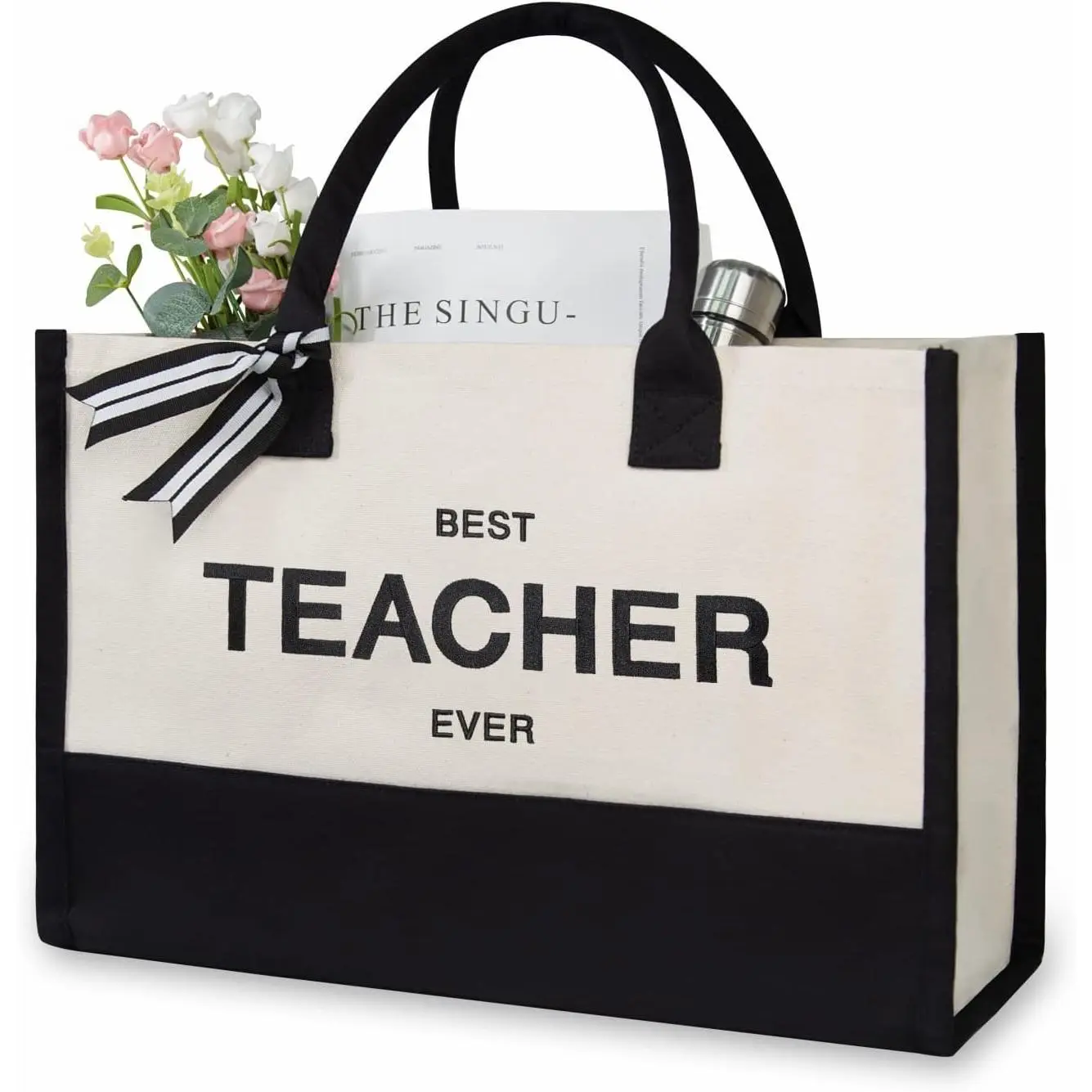 Personalized Initial Canvas Beach Bag, Monogrammed Gift Tote Bag for Women