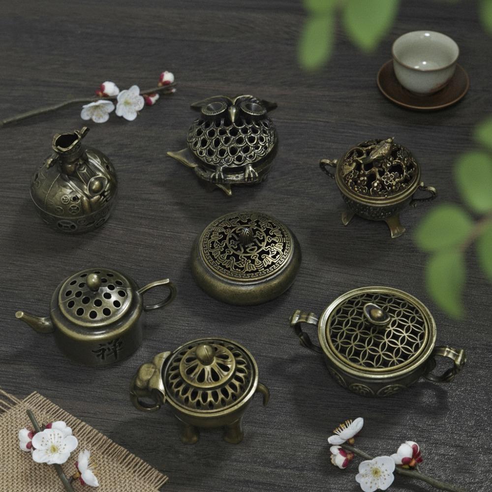 Assorted Vintage Incense Burners Miniature Ornate Metal Holders in Owl, Elephant & Teapot Designs | Desk & Home Fragrance Decor with Blue Gift Box