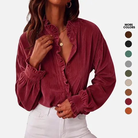 Flowyair Womens Ruffle Button Down Shirt, Long Sleeve Ruffle Trim Blouses, Loose Fit Vintage Dressy Casual Tops, Corduroy‑Textured Fabric, Fall Winter Essential